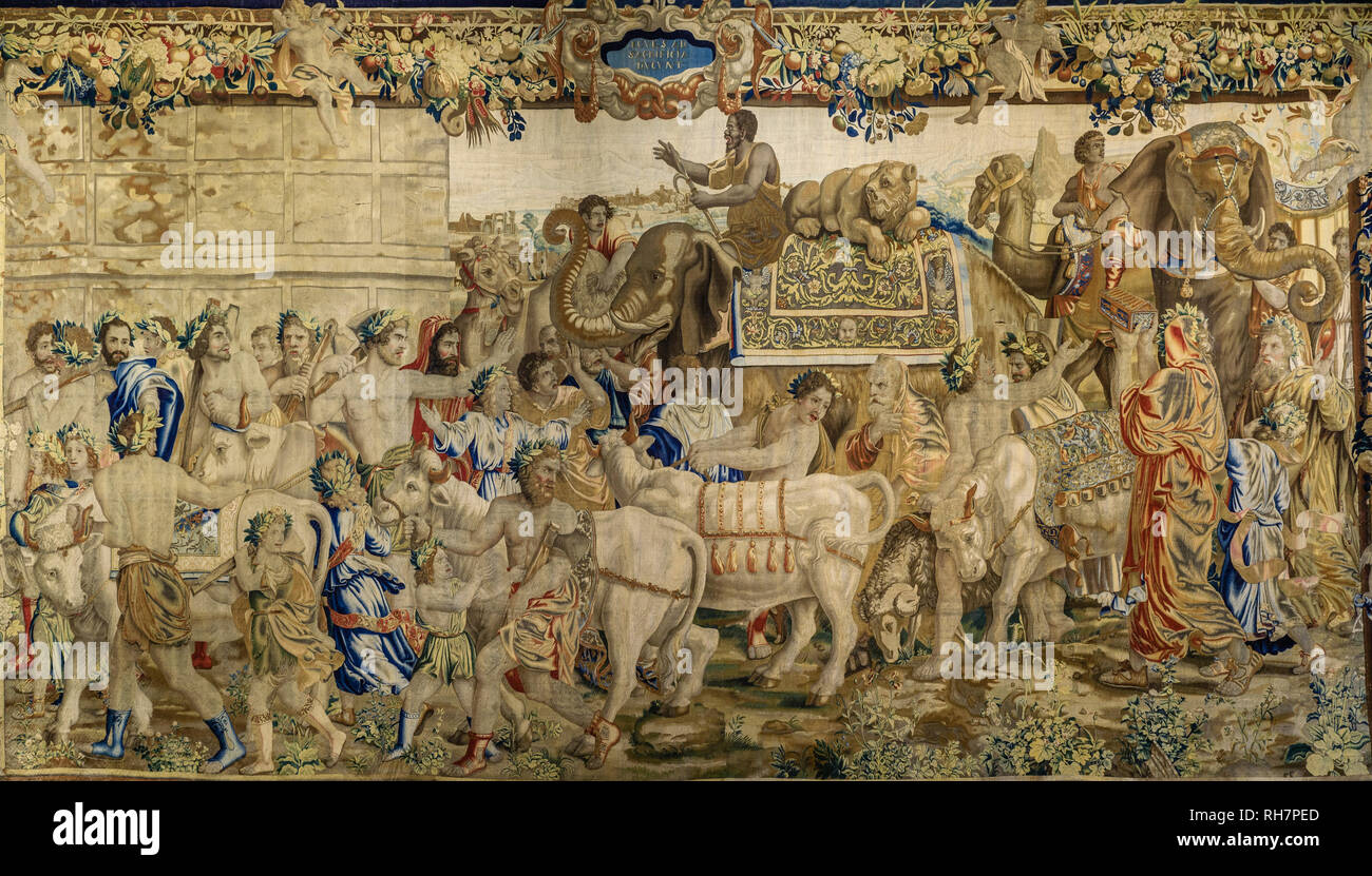 Francia, Loir et Cher, Chambord, Castello di Chambord, appesa della storia di Scipione, i buoi e gli elefanti (circa 1660, Bruxelles fabbrica) // Francia Loire- Foto Stock