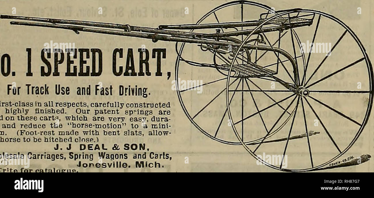 . Allevatore e sportivo. I cavalli. TOOMEY -: più recente di travatura reticolare estesa pneumatico assale SULKY nove brevetti. Cablaggio - e - Cavallo - stivali. Offerte speciali sulla via cavo. MOFFATT CABLAGGIO IN PELLE, linea finito tutti attraverso, luce supplementare $40 Questo è un LAIiOAIN. prezzi speciali. Bendaggi elettrici - - $1.50 inglese sacchi di sale - 2000 a portata di mano. Solo questo mese 3 dollari al doz UNA NUOVA LINEA DI RAFFREDDAMENTO coperte extra dualità Fine a prezzi bassi. Il sudore di coperte e i cofani; grande magazzino, tutti i pesi. Agente per TOOMEY'S SULKIES "rr TUT QETOT " HICKORY delle ruote di bicicletta Jt C. I I rl C. E3C.O I . (Mettere su Sulkies per 8 IOO Foto Stock