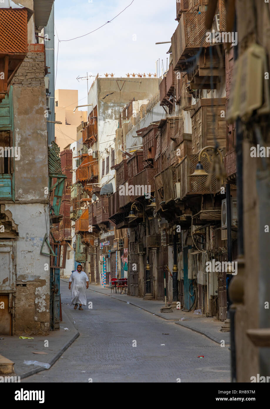Vecchia casa in legno mashrabiya di al-Balad trimestre, Mecca provincia, Jeddah, Arabia Saudita Foto Stock