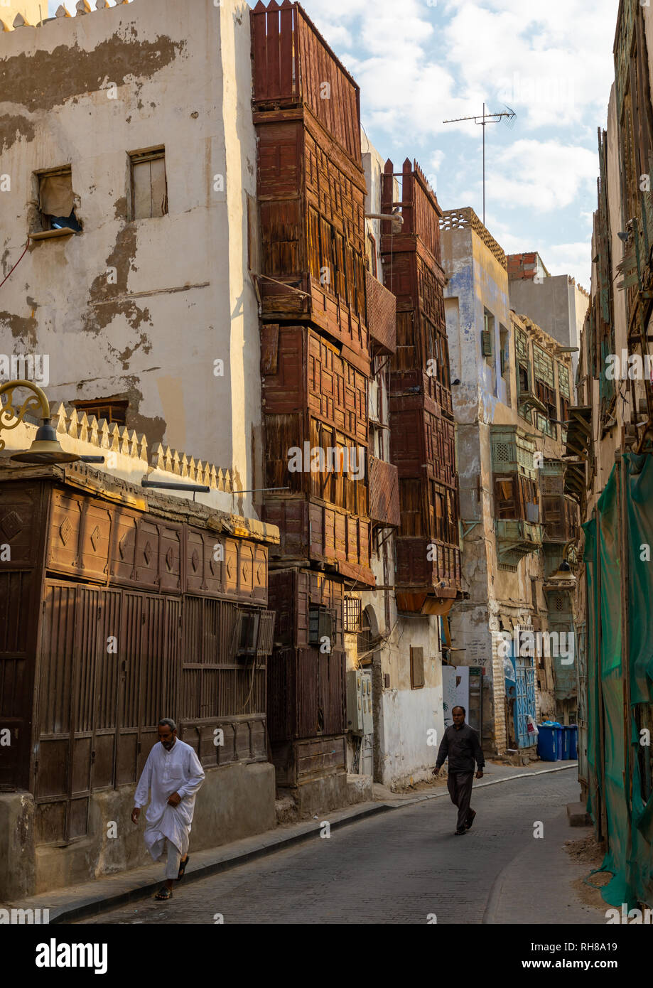 Le vecchie case in legno mashrabiyas di al-Balad trimestre, Mecca provincia, Jeddah, Arabia Saudita Foto Stock