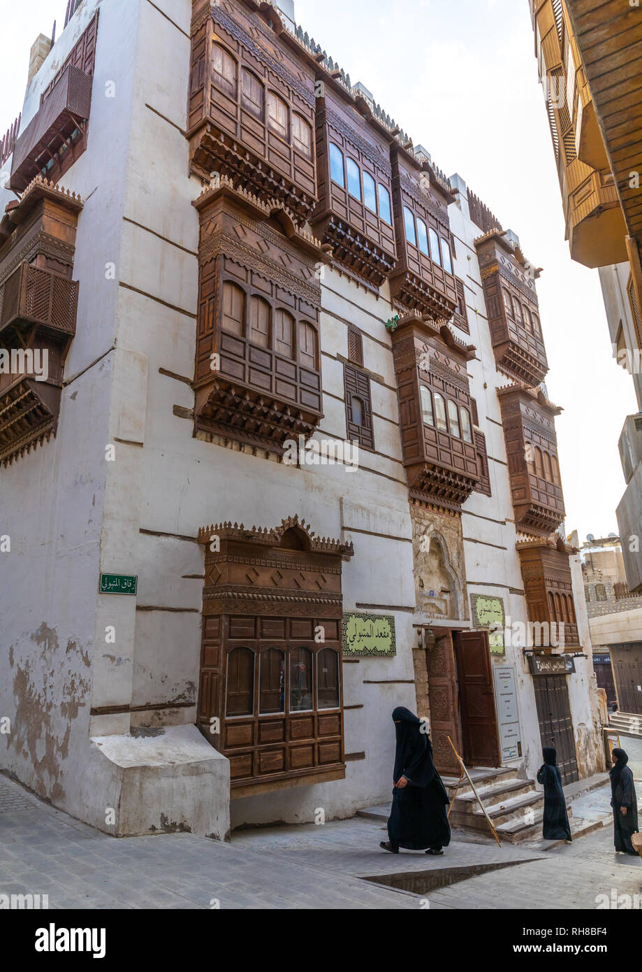 Vecchia casa in legno mashrabiya di al-Balad trimestre, Mecca provincia, Jeddah, Arabia Saudita Foto Stock