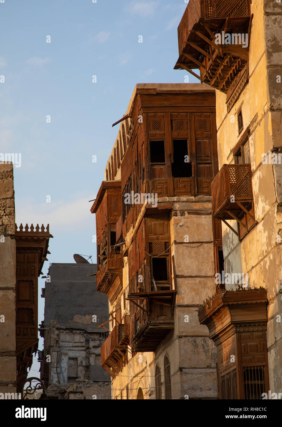 Vecchia casa in legno mashrabiya di al-Balad trimestre, Mecca provincia, Jeddah, Arabia Saudita Foto Stock