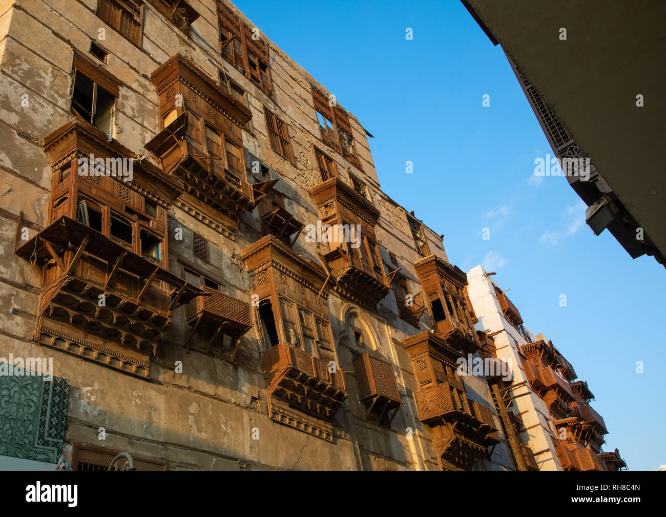 Vecchia casa in legno mashrabiya di al-Balad trimestre, Mecca provincia, Jeddah, Arabia Saudita Foto Stock