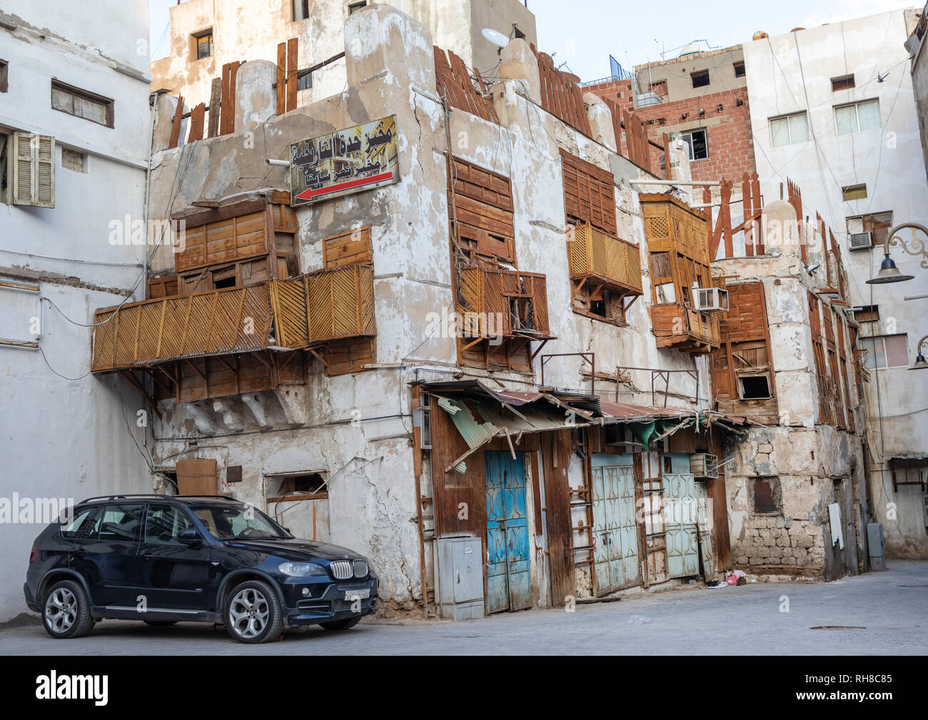 Le vecchie case in legno mashrabiyas di al-Balad trimestre, Mecca provincia, Jeddah, Arabia Saudita Foto Stock