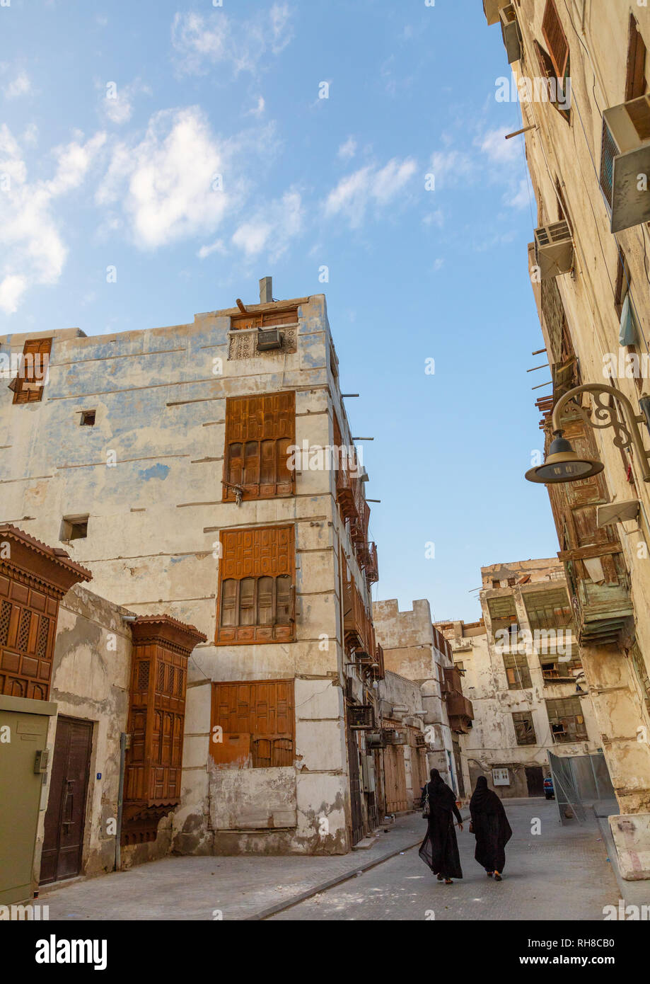 Vecchia casa in legno mashrabiya di al-Balad trimestre, Mecca provincia, Jeddah, Arabia Saudita Foto Stock