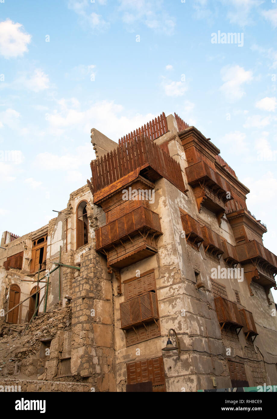 Le vecchie case in legno mashrabiyas di al-Balad trimestre, Mecca provincia, Jeddah, Arabia Saudita Foto Stock