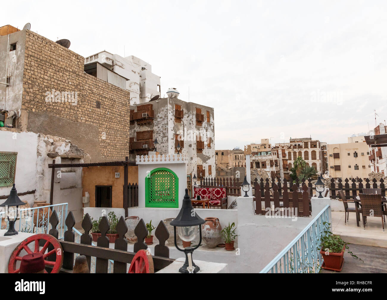 Le vecchie case in legno mashrabiyas di al-Balad trimestre, Mecca provincia, Jeddah, Arabia Saudita Foto Stock