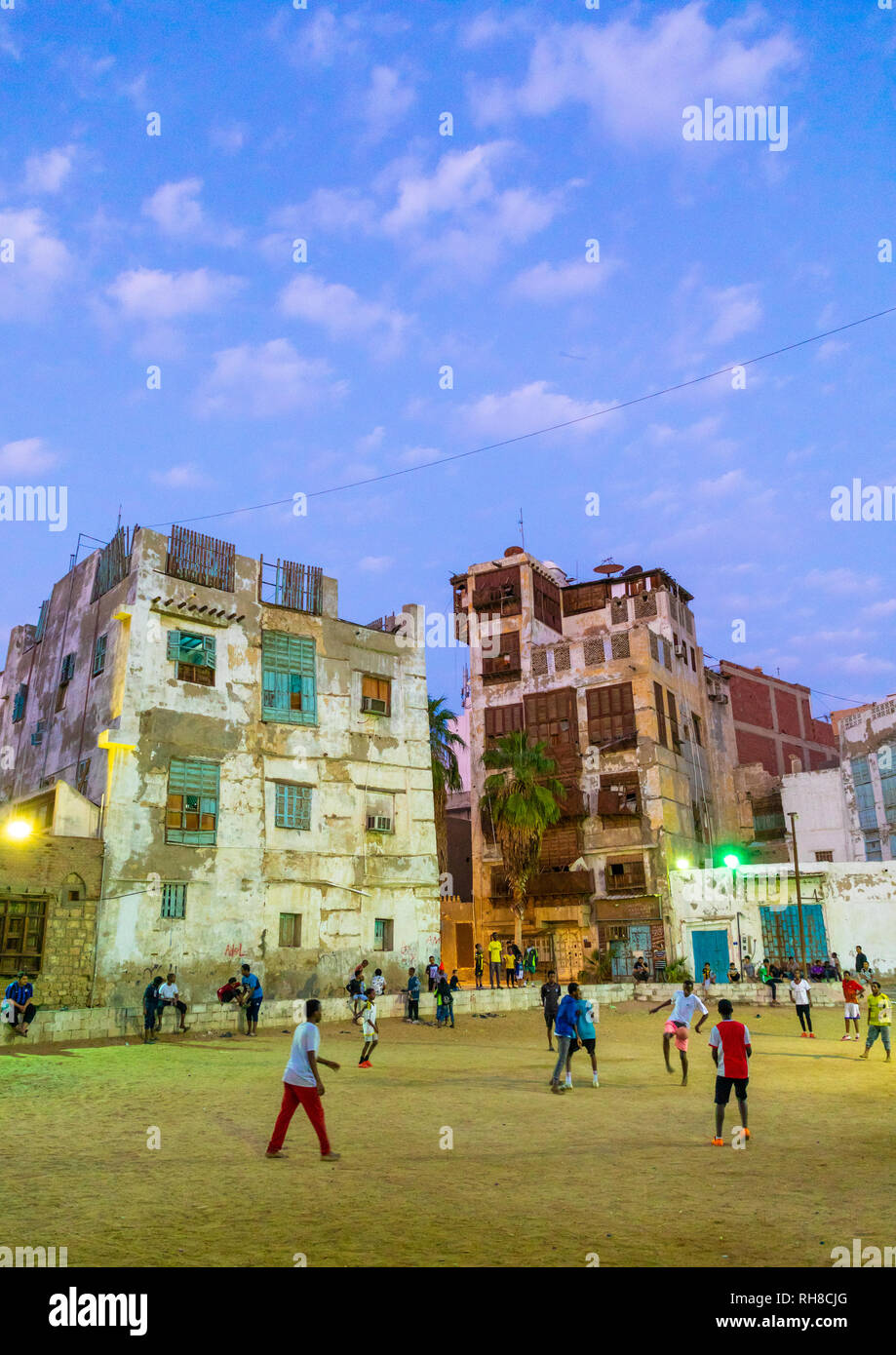 Le vecchie case in legno mashrabiyas di al-Balad trimestre, Mecca provincia, Jeddah, Arabia Saudita Foto Stock