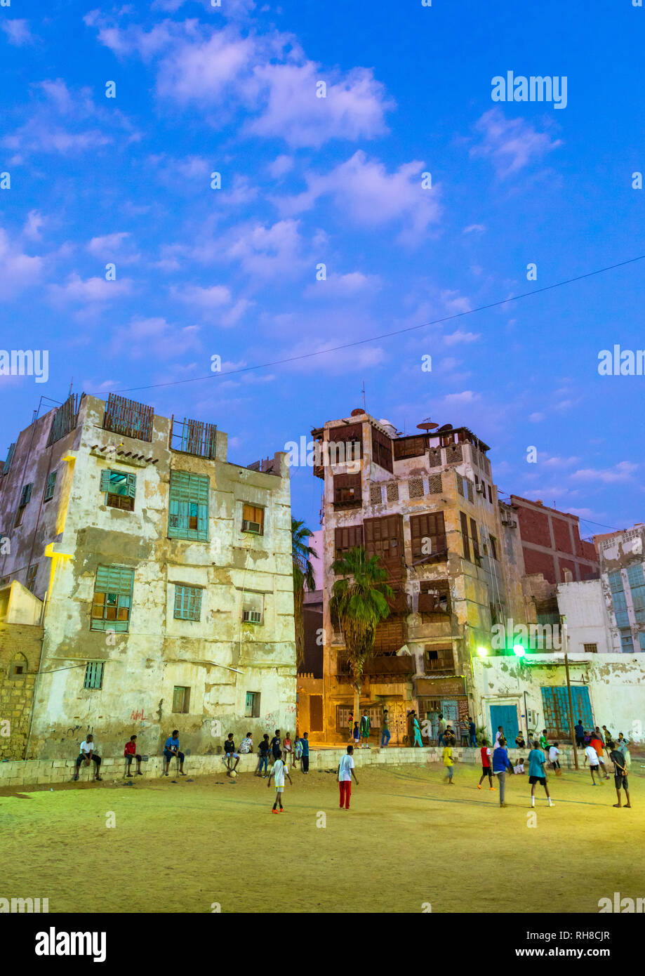 Le vecchie case in legno mashrabiyas di al-Balad trimestre, Mecca provincia, Jeddah, Arabia Saudita Foto Stock