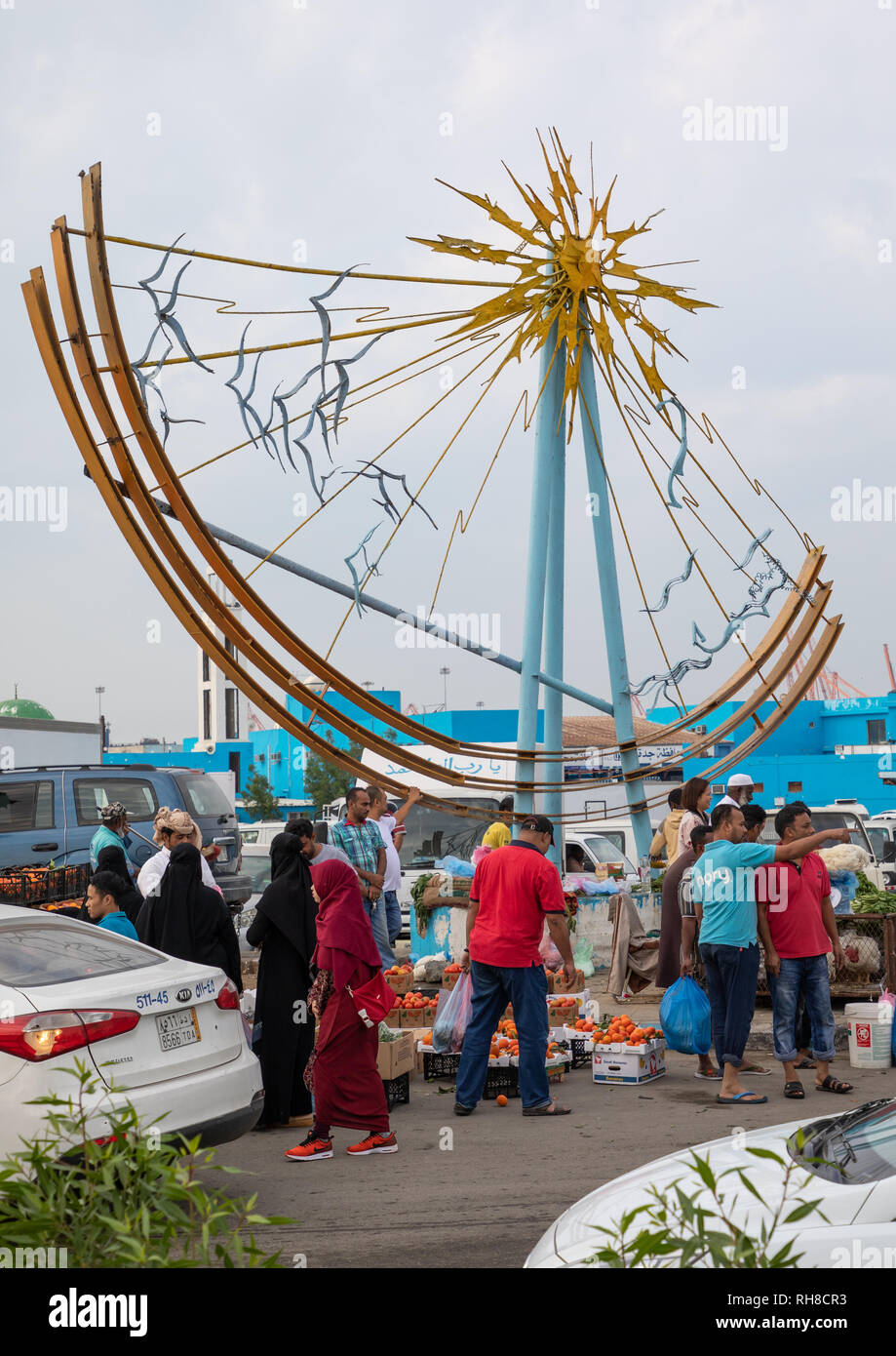 Mercato della frutta al di fuori del mercato del pesce, la Mecca provincia, Jeddah, Arabia Saudita Foto Stock
