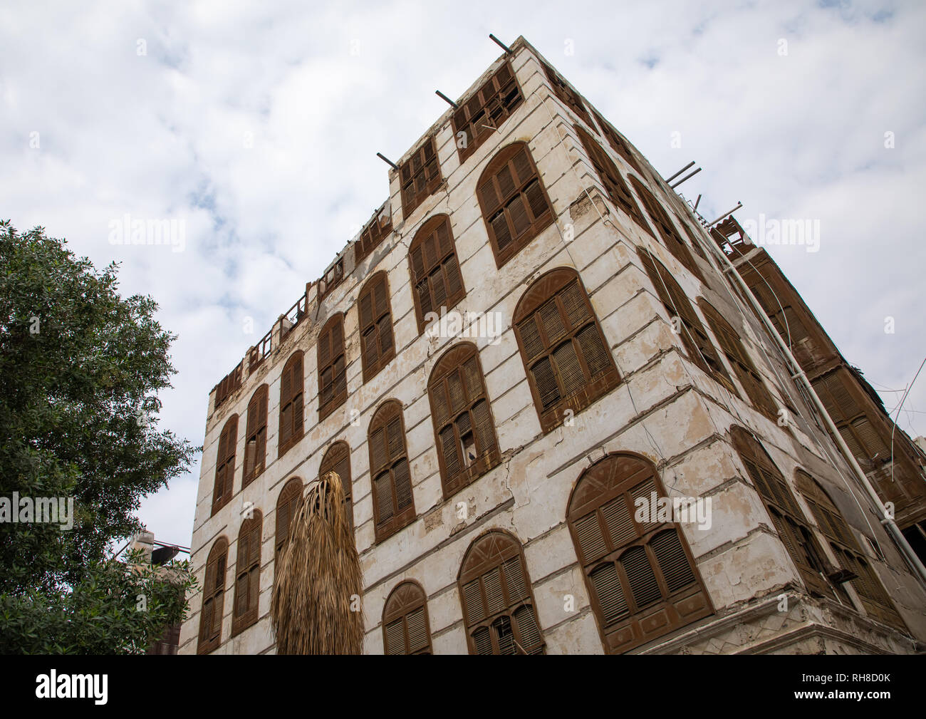 Vecchia casa in legno mashrabiya di al-Balad trimestre, Mecca provincia, Jeddah, Arabia Saudita Foto Stock
