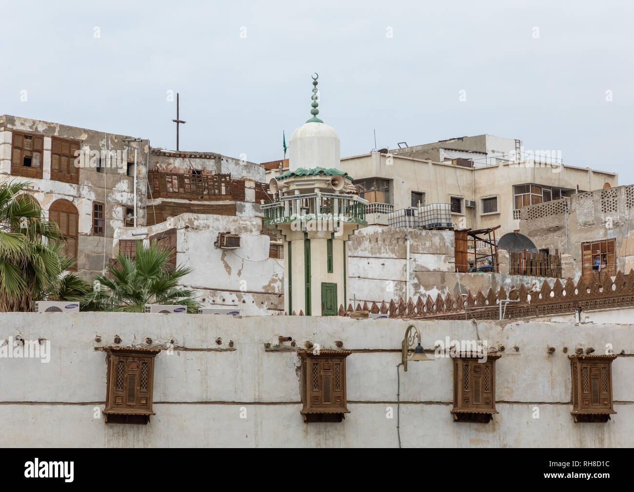 Le vecchie case in legno mashrabiyas di al-Balad trimestre, Mecca provincia, Jeddah, Arabia Saudita Foto Stock