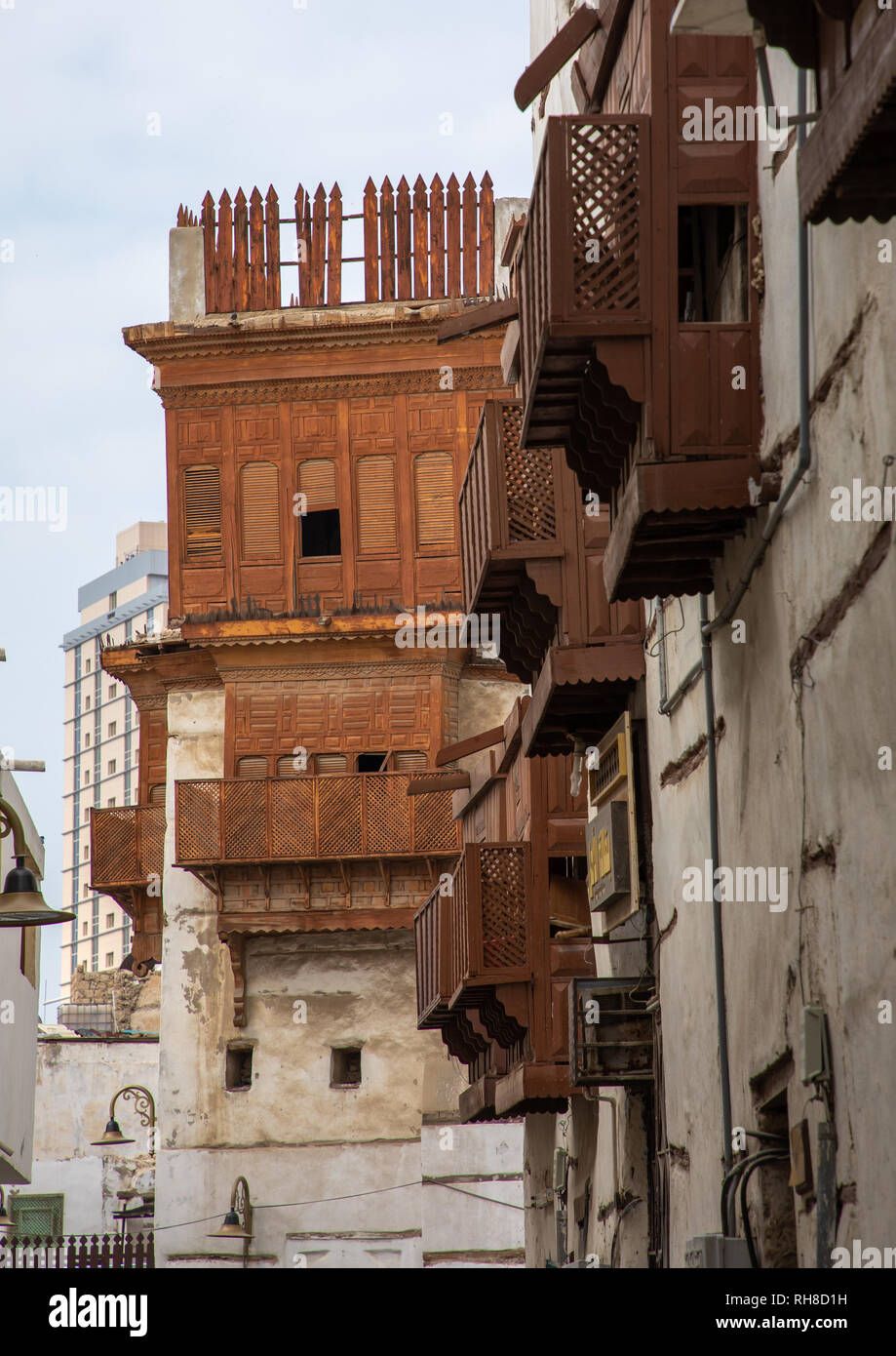 Vecchia casa in legno mashrabiya di al-Balad trimestre, Mecca provincia, Jeddah, Arabia Saudita Foto Stock
