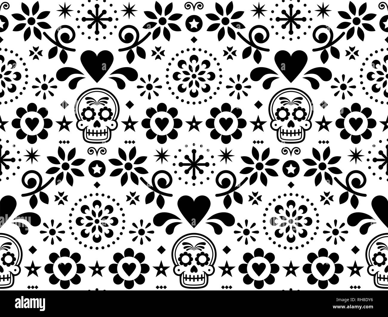 Cranio di zucchero vector seamless pattern ispirato da arte popolare messicana, Dia de los Muertos design ripetitiva in bianco e nero Illustrazione Vettoriale