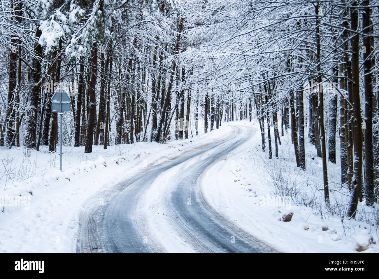 Scivolosa strada ghiacciata attraverso la foresta con alberi e neve su entrambi i lati Foto Stock