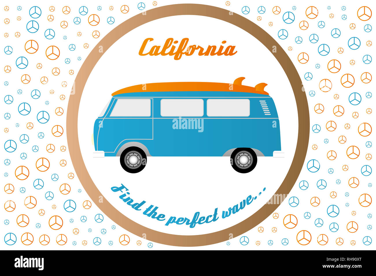 Segni di pace e surfers van con parole in California e trovare l'onda perfetta - come poster o stampare utili per designer Foto Stock