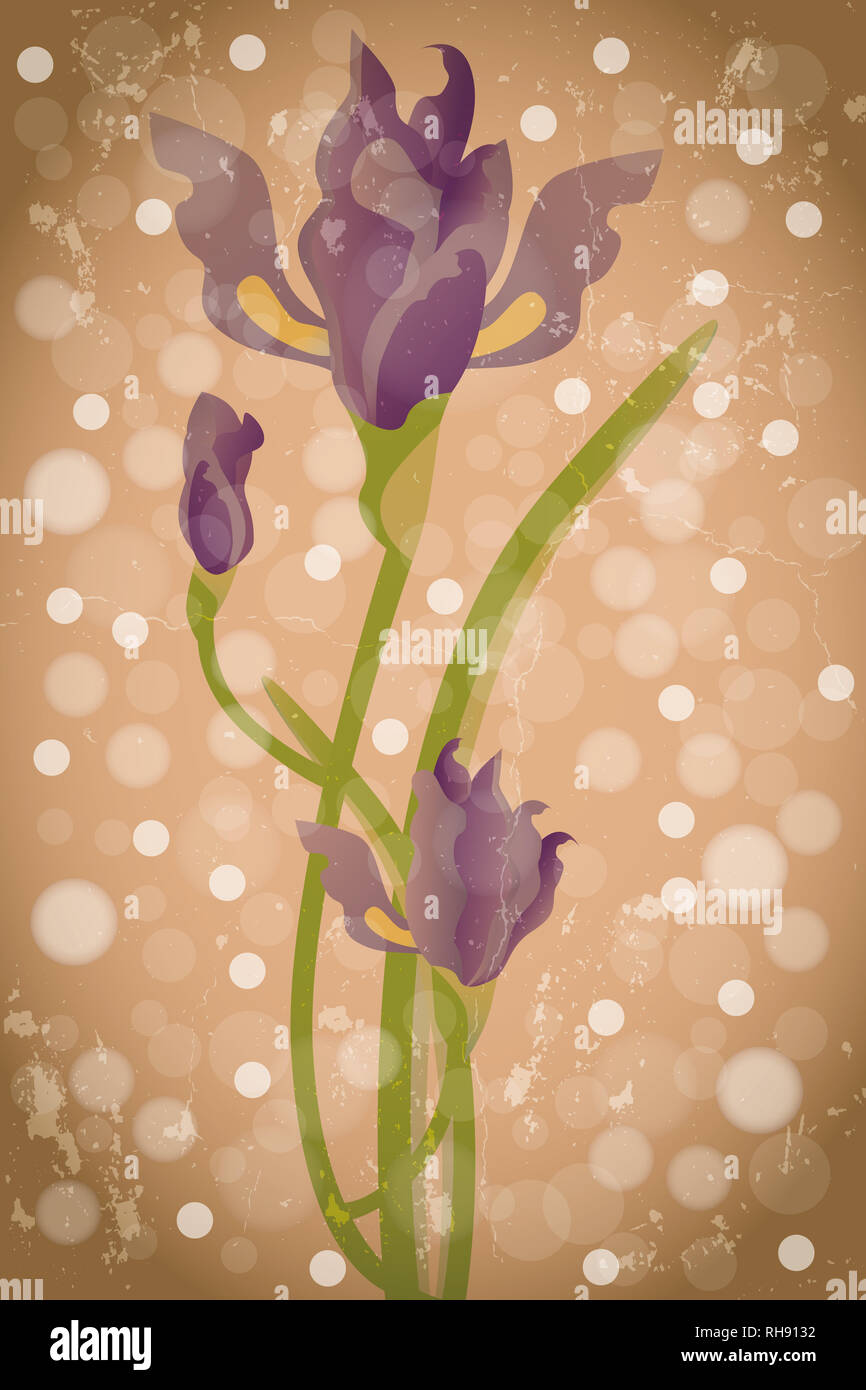 Iris Viola flower - romantico illustrazione in acquerello dettagli semitrasparenti e bolle sulla calda sfondo marrone Foto Stock