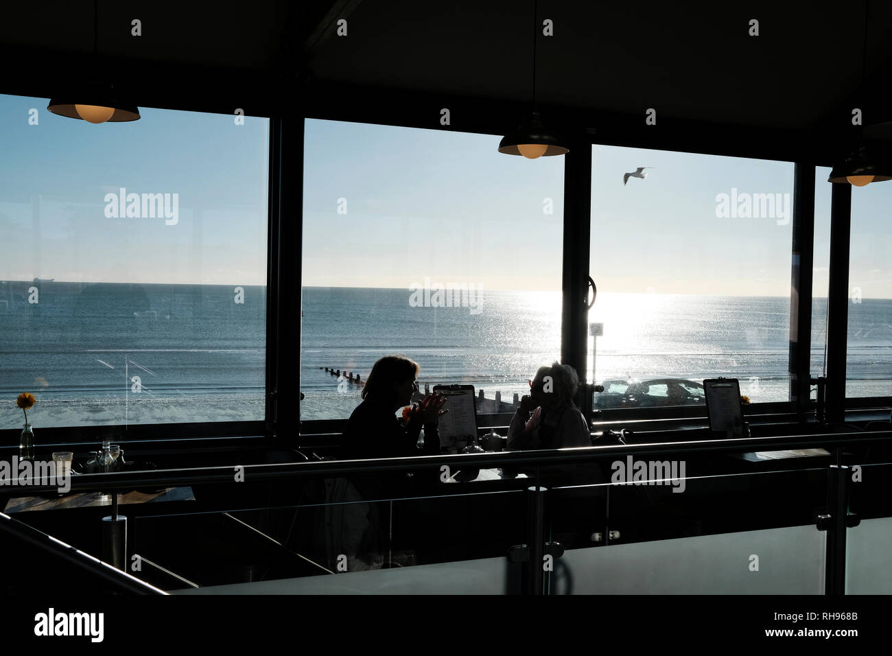 La vista dal ristorante Bandstand, Sandown, Isle of Wight, Regno Unito. Foto Stock
