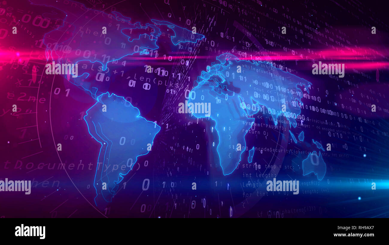 Rete globale con mappa del mondo su sfondo digitale. Concetto di ciberspazio comunicazione e connessione internet 3D'illustrazione. Foto Stock