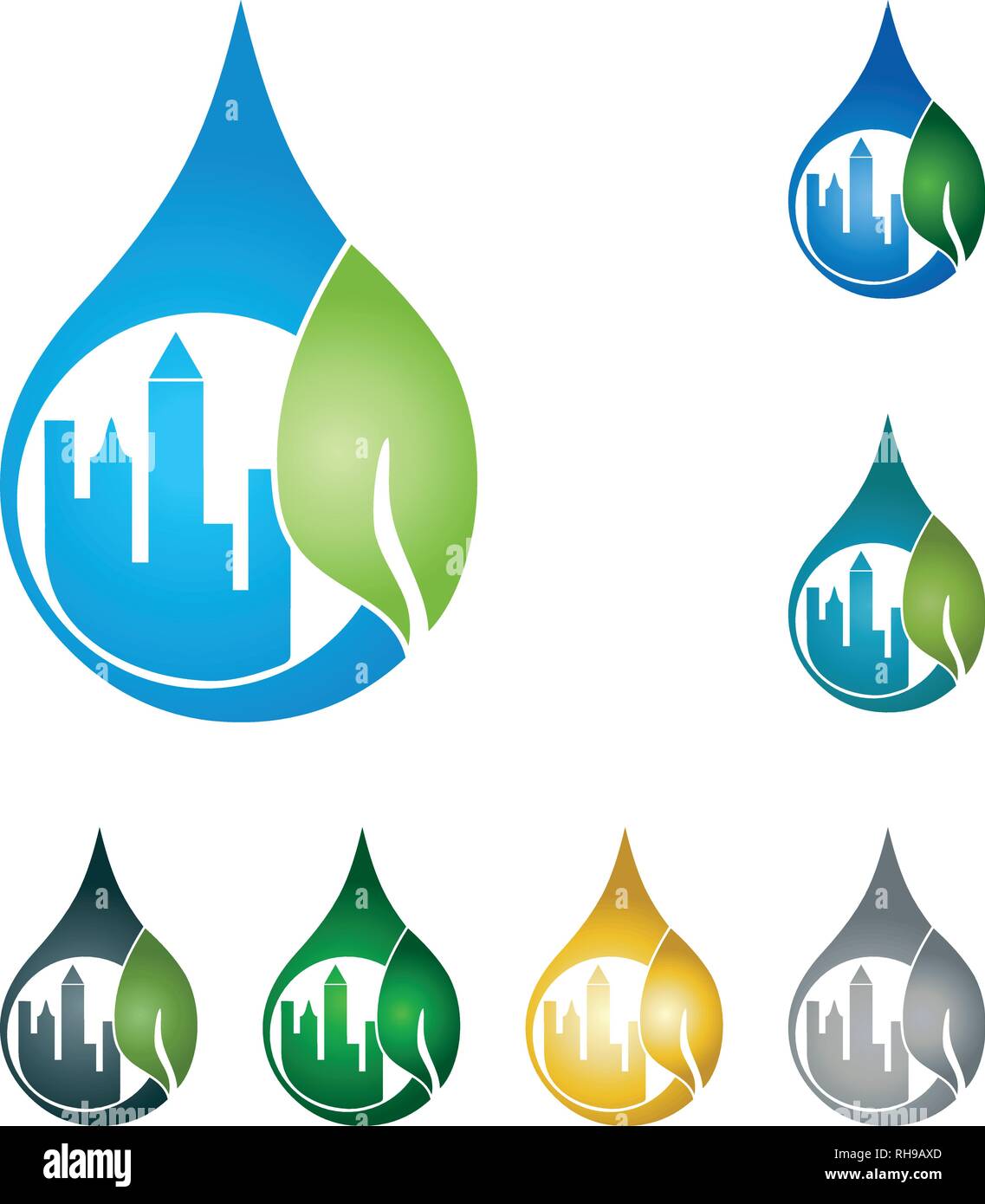 Città Eco, case, gocce e il logo a foglia Illustrazione Vettoriale