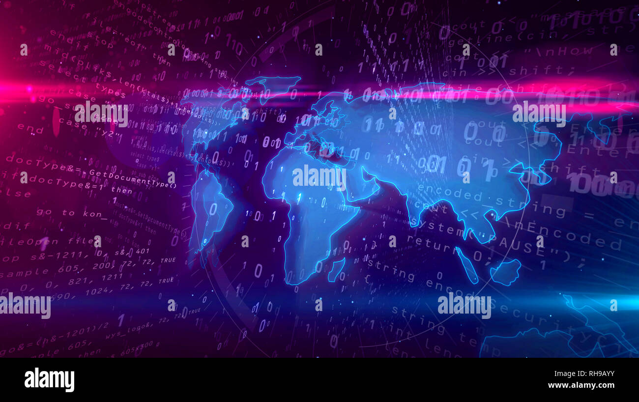 Rete globale con mappa del mondo su sfondo digitale. Concetto di ciberspazio comunicazione e connessione internet 3D'illustrazione. Foto Stock