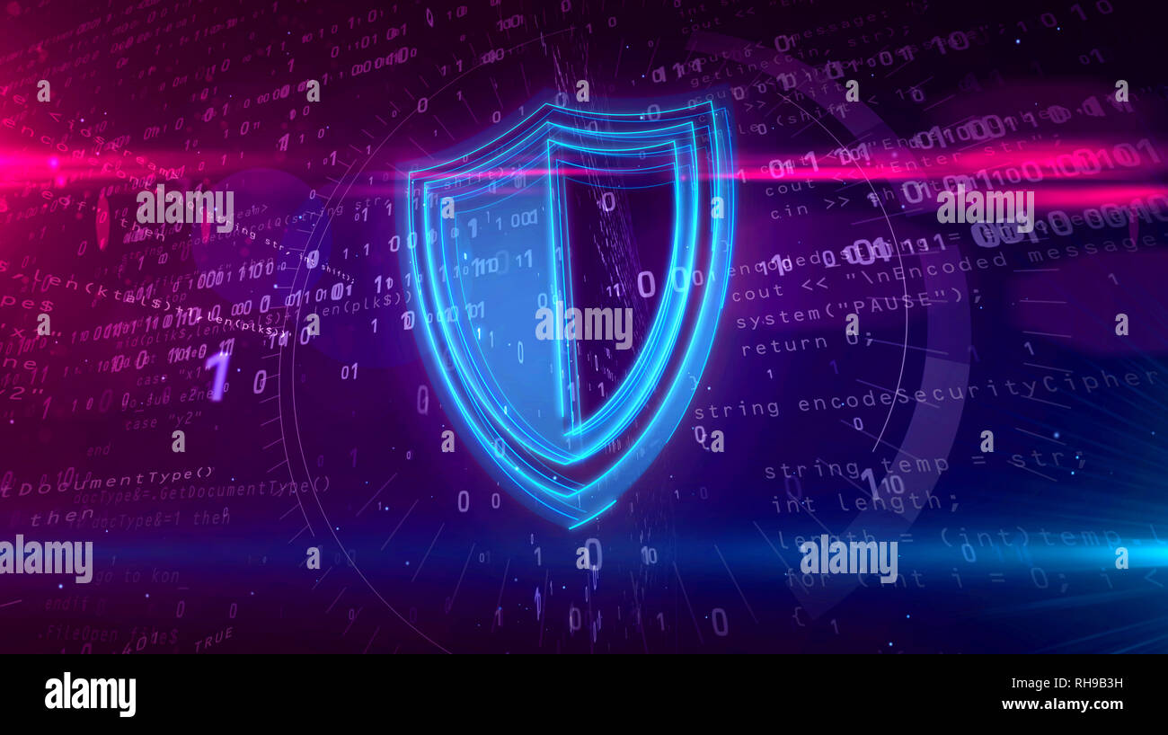 Cyber security concetto astratto. 3D contorno di icona dello scudo su sfondo digitale. Sicurezza del computer il simbolo 3D'illustrazione. Foto Stock