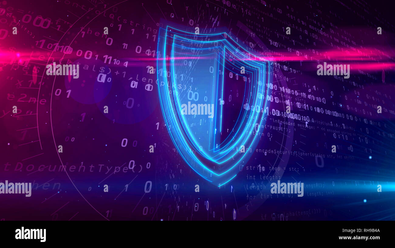 Cyber security concetto astratto. 3D contorno di icona dello scudo su sfondo digitale. Sicurezza del computer il simbolo 3D'illustrazione. Foto Stock