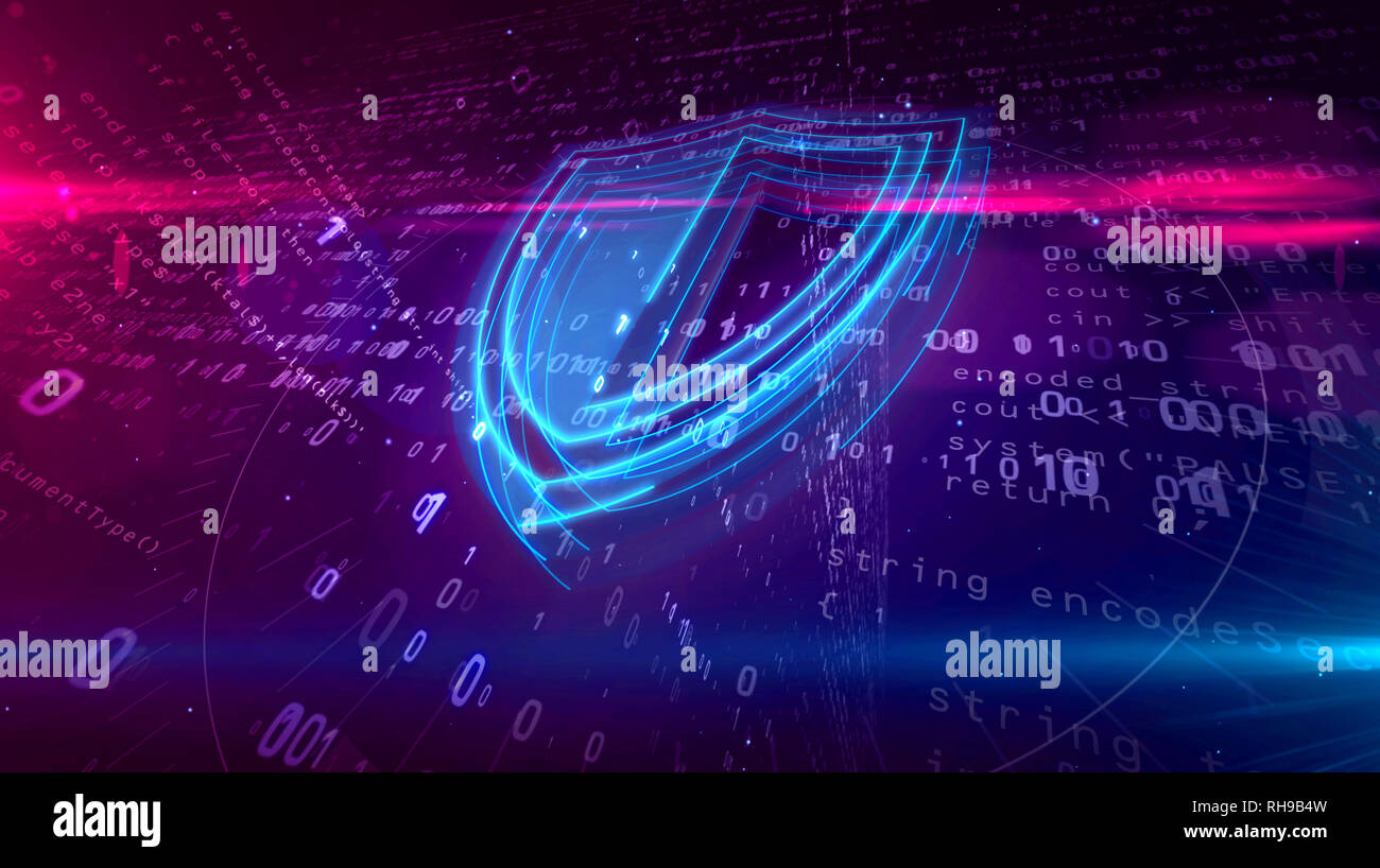 Cyber security concetto astratto. 3D contorno di icona dello scudo su sfondo digitale. Sicurezza del computer il simbolo 3D'illustrazione. Foto Stock