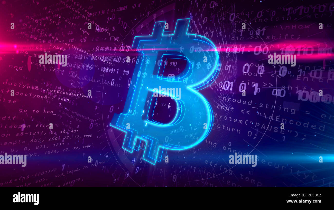 Cyber Business e cryptocurrency simbolo su sfondo digitale. Logo Bitcoin concetto astratto 3D'illustrazione. Foto Stock