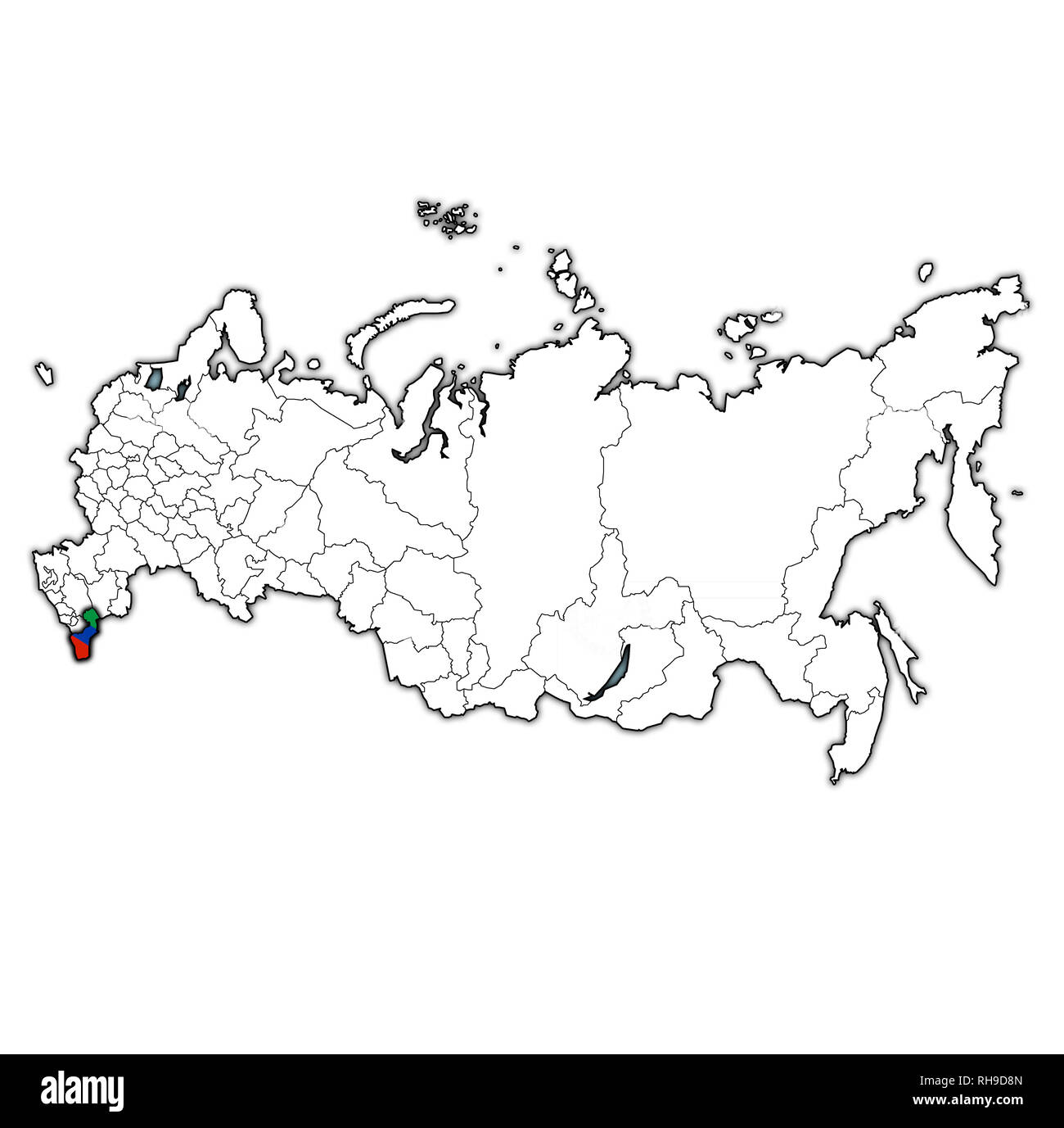 Emblema del Daghestan sulla mappa con le divisioni amministrative e i confini della Russia Foto Stock