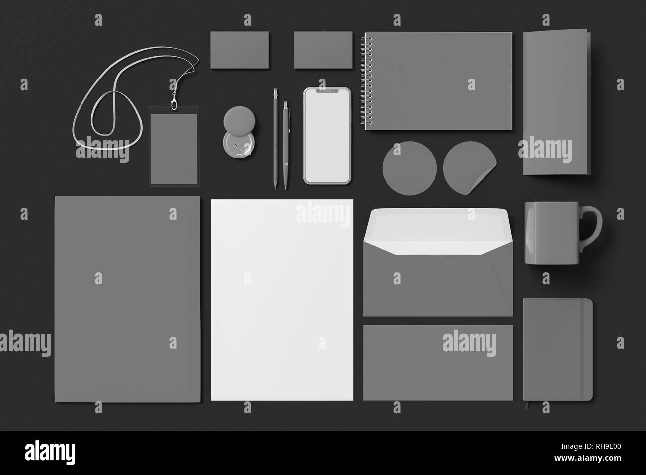 Identità aziendale. Set di branding grigio fisso su sfondo nero Foto Stock