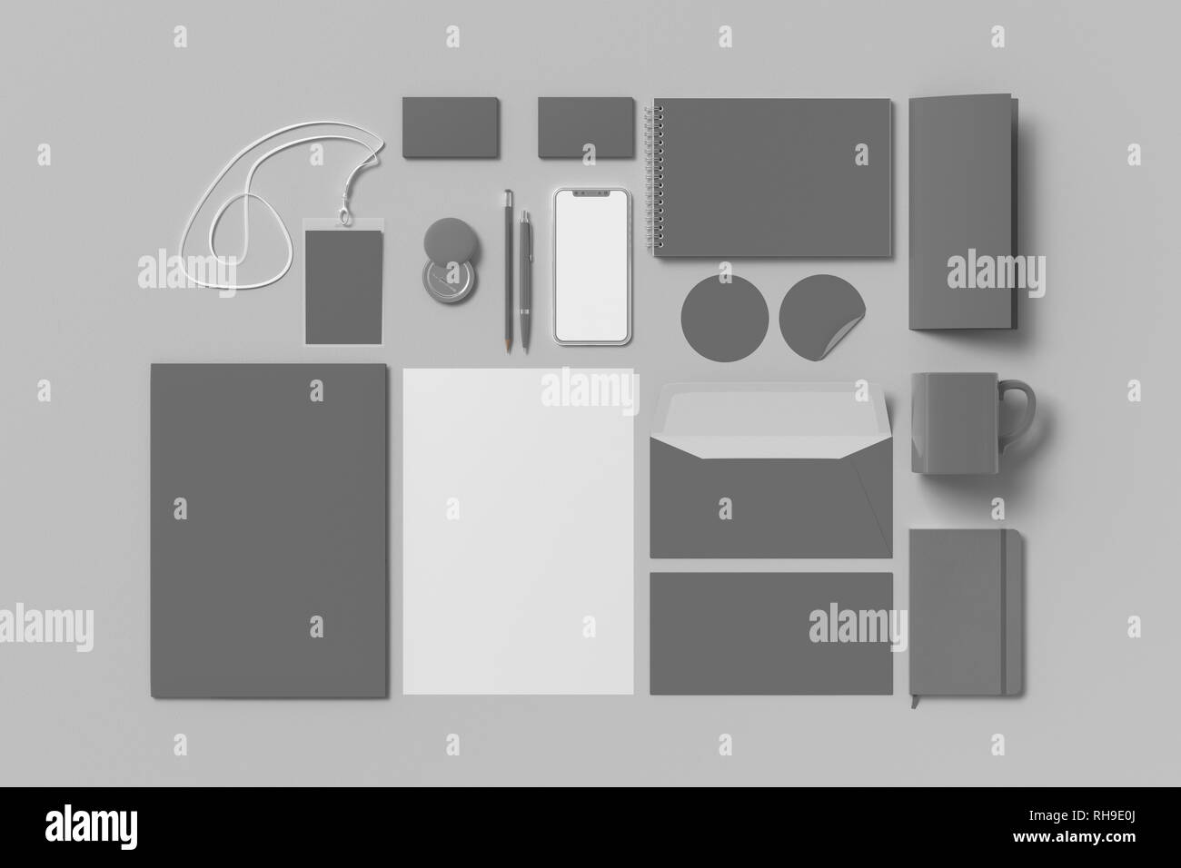 Identità aziendale. Set di branding grigio fisso su sfondo bianco Foto Stock