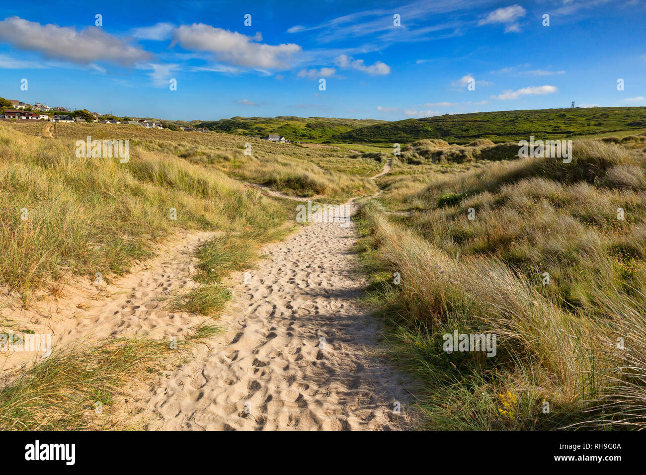 Lungo la costa sud occidentale il percorso passa attraverso le dune di sabbia vicino a Holywell Bay, Cornwall, Regno Unito. Foto Stock