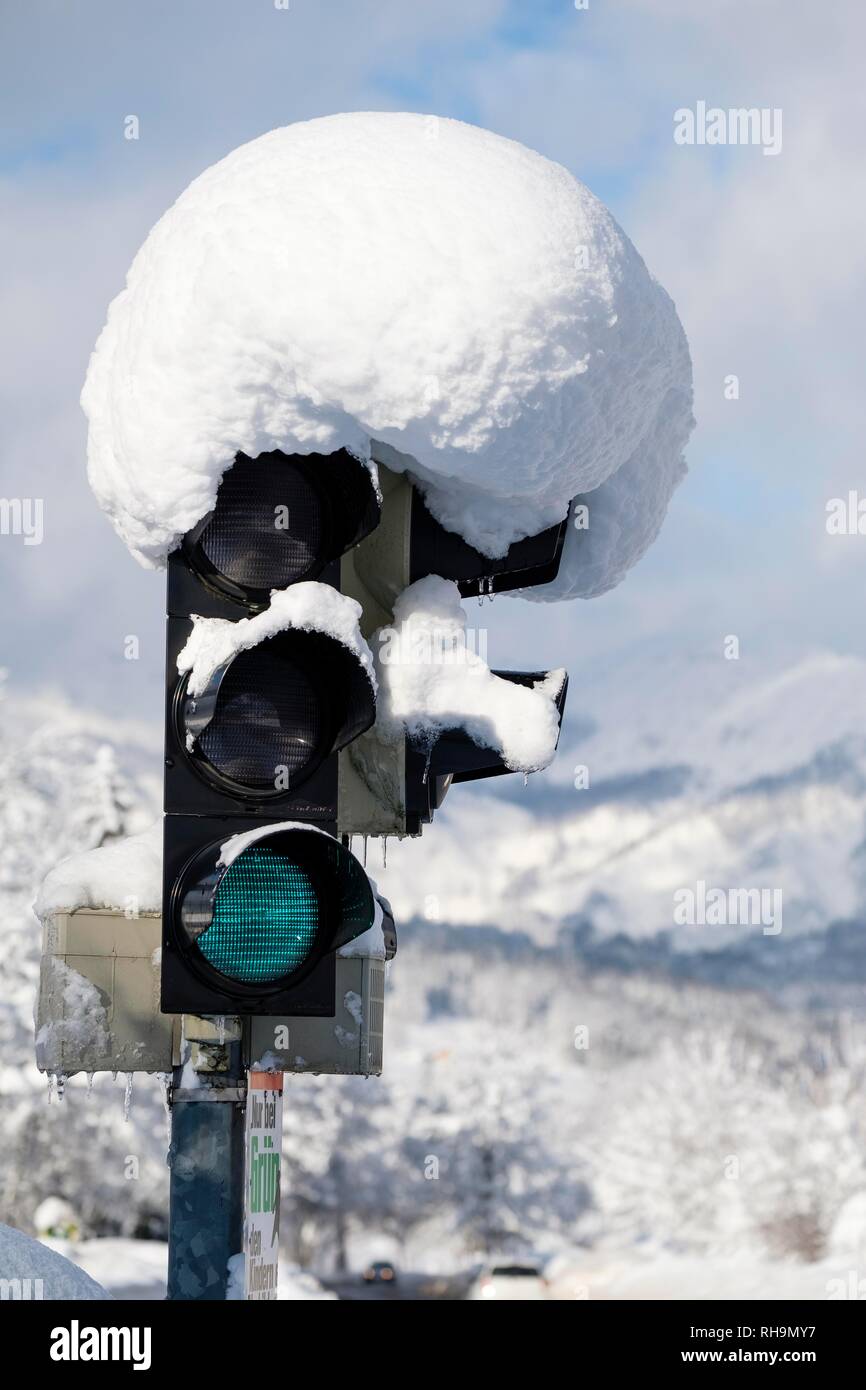 Cappa di neve su un semaforo con luce verde, Baviera, Germania Foto Stock
