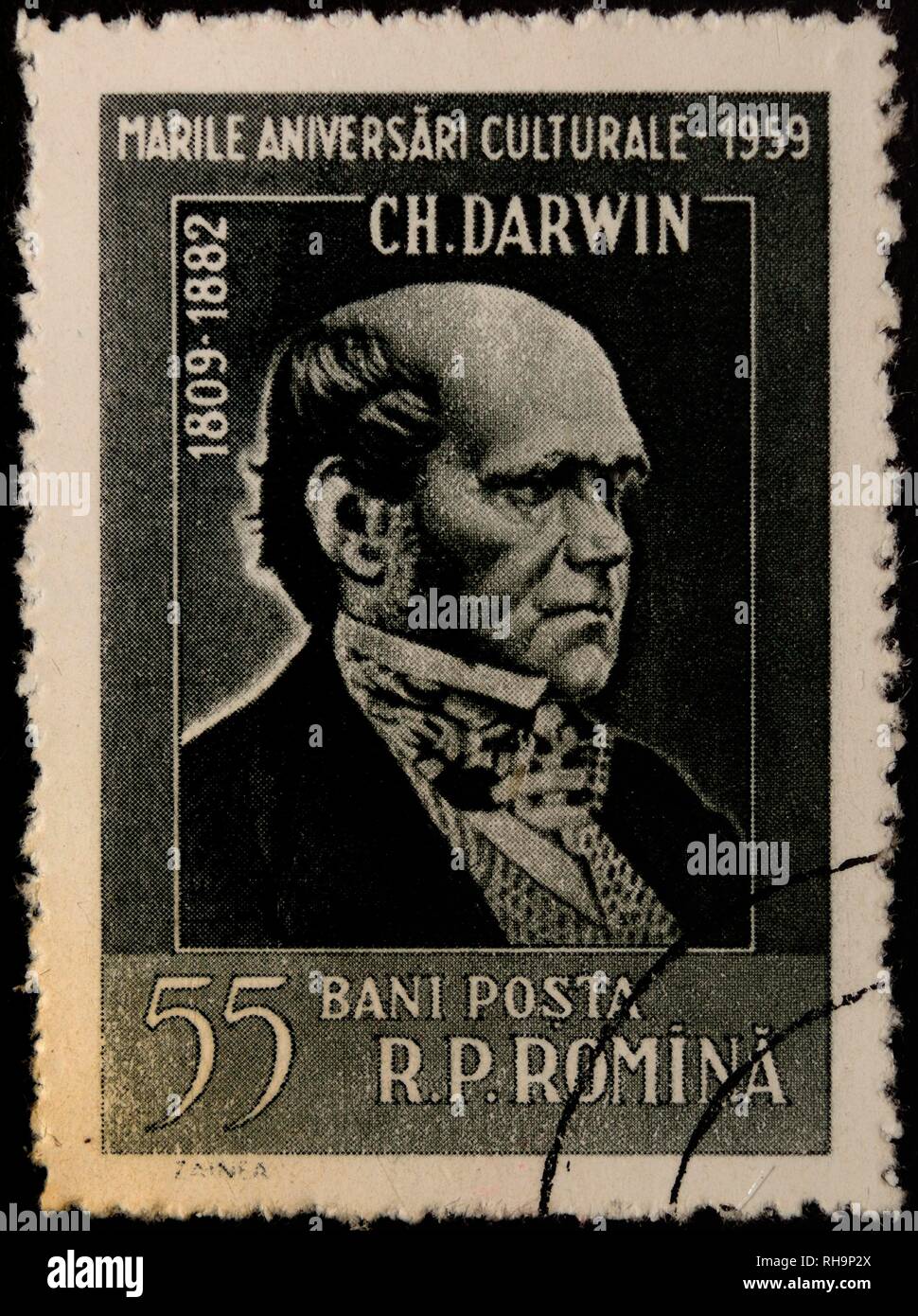 Charles Darwin, un naturalista inglese, geologo e biologo, ritratto su un francobollo rumeno, Romania Foto Stock
