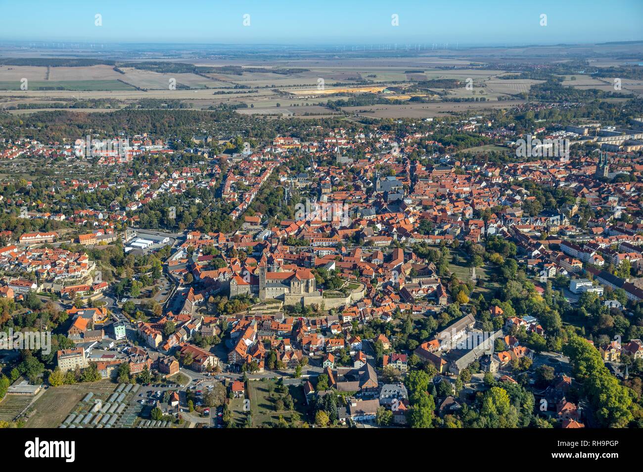 Vista aerea, vista di Quedlinburg, Sassonia-Anhalt, Germania Foto Stock