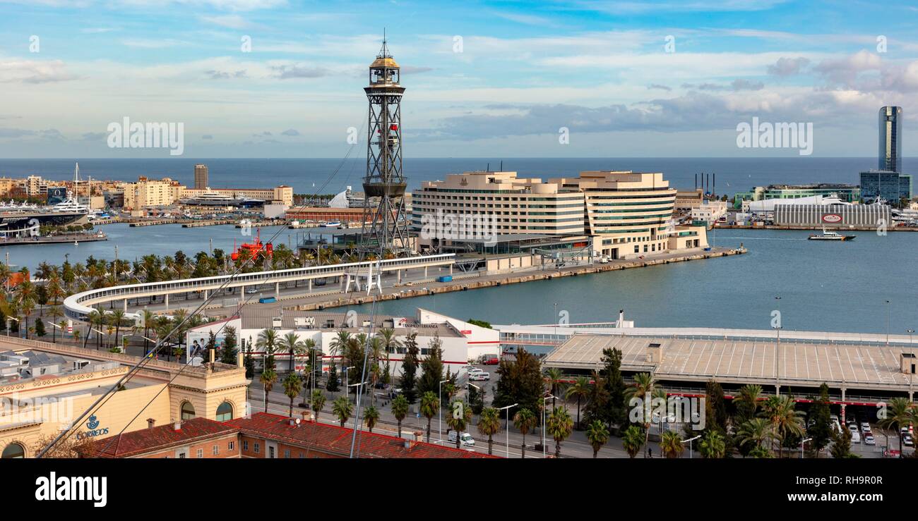Vista dal Montjuic, Port Vell con il World Trade Center, Barcelona, Provincia di Barcellona, in Catalogna, Spagna Foto Stock
