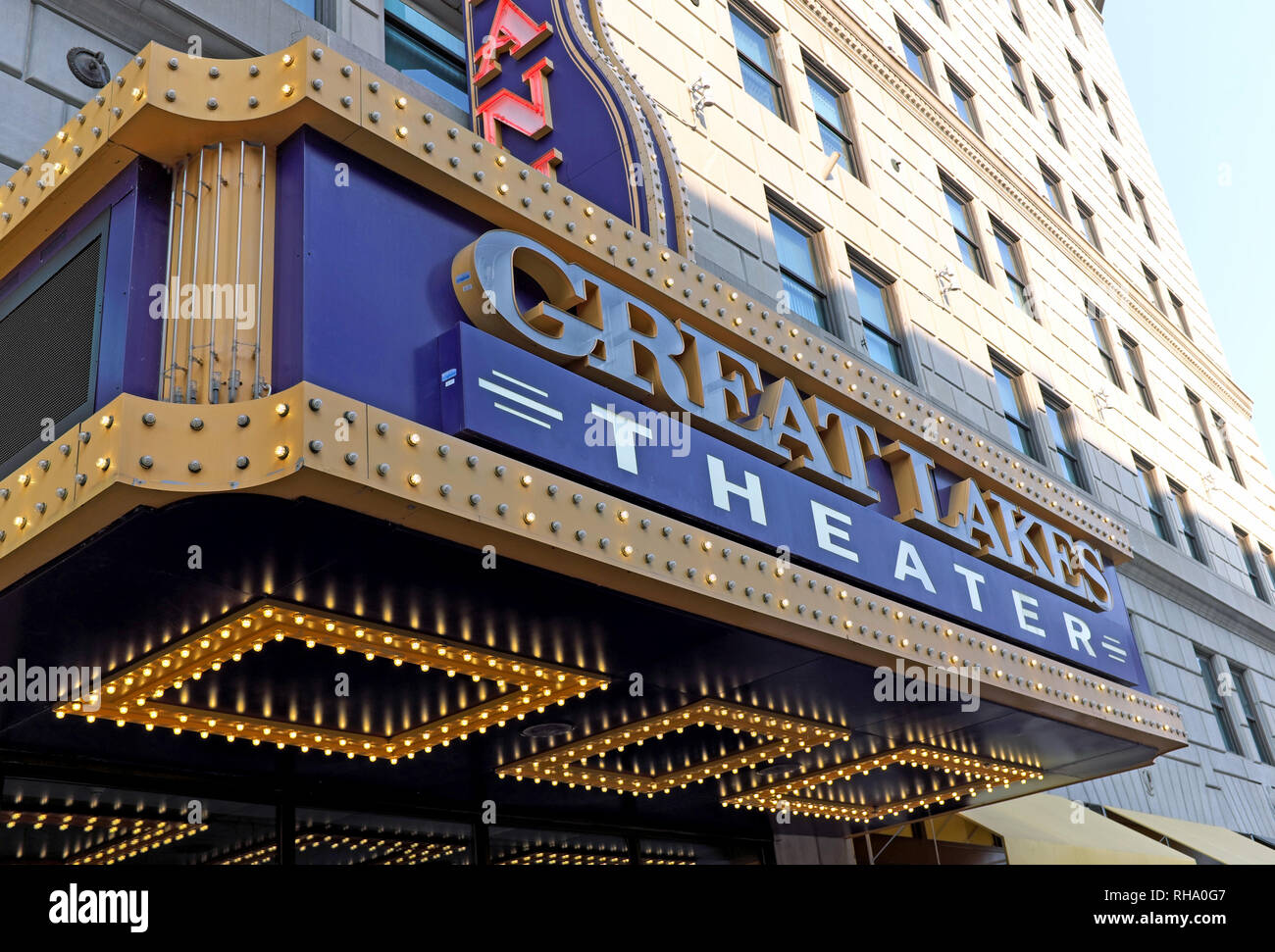La Hanna teatro con i grandi laghi Theatre Marquee sulla East 14th Street in Playhouse Square District di Cleveland, Ohio, Stati Uniti d'America Foto Stock