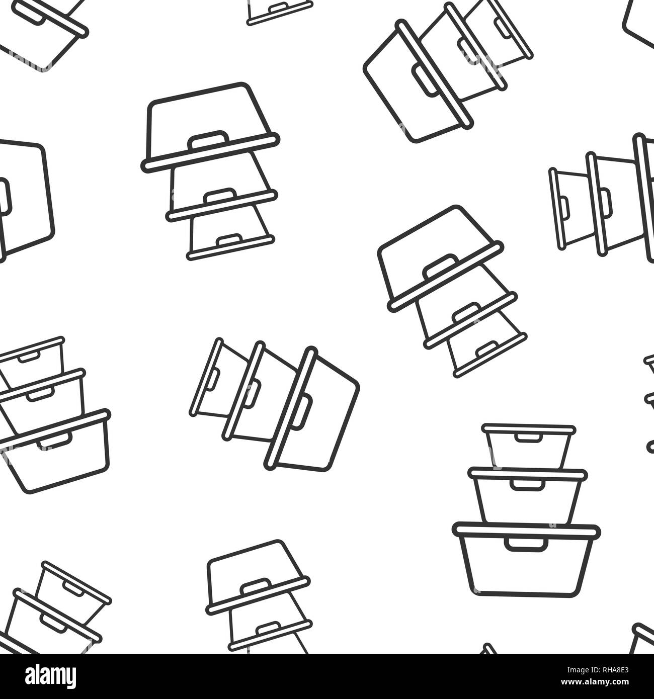 Contenitore per alimenti icona pattern seamless sfondo. Recipiente da cucina illustrazione vettoriale. Contenitore in plastica box modello di simbolo. Illustrazione Vettoriale