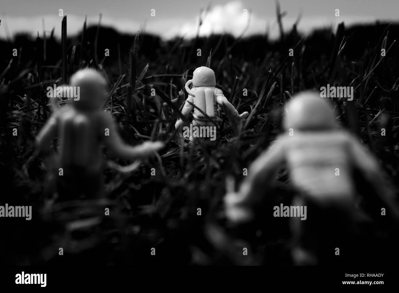 Gli astronauti a piedi nella vegetazione del pianeta terra Foto Stock