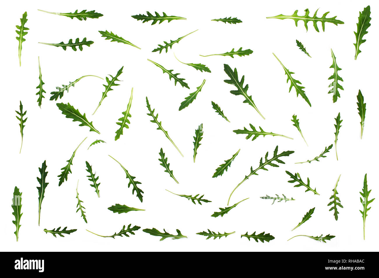 Layout creativi con foglie di rucola. Cibo sano concetto, background creativo. Verdure, vista dall'alto. Foto Stock