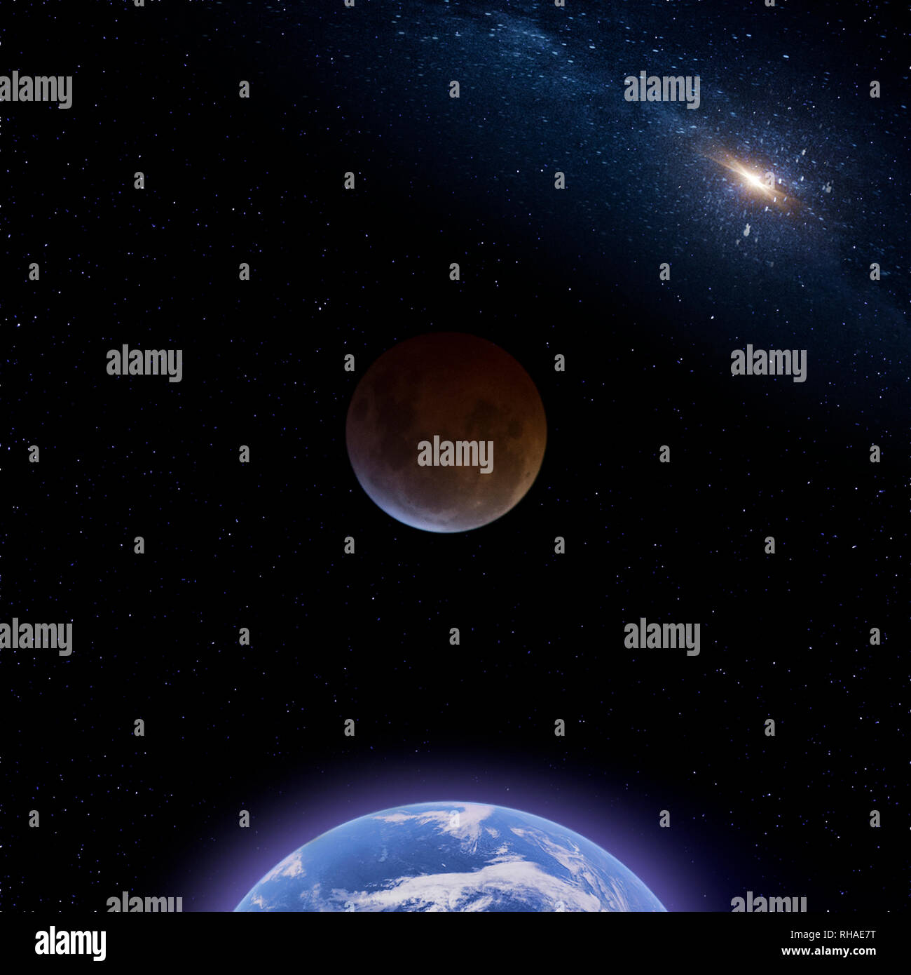 Lunar Eclipse Fase 10 - uno di una serie con le varie fasi di un'eclisse lunare fotografato durante il Super sangue Wolf Moon nel 2019. Foto Stock