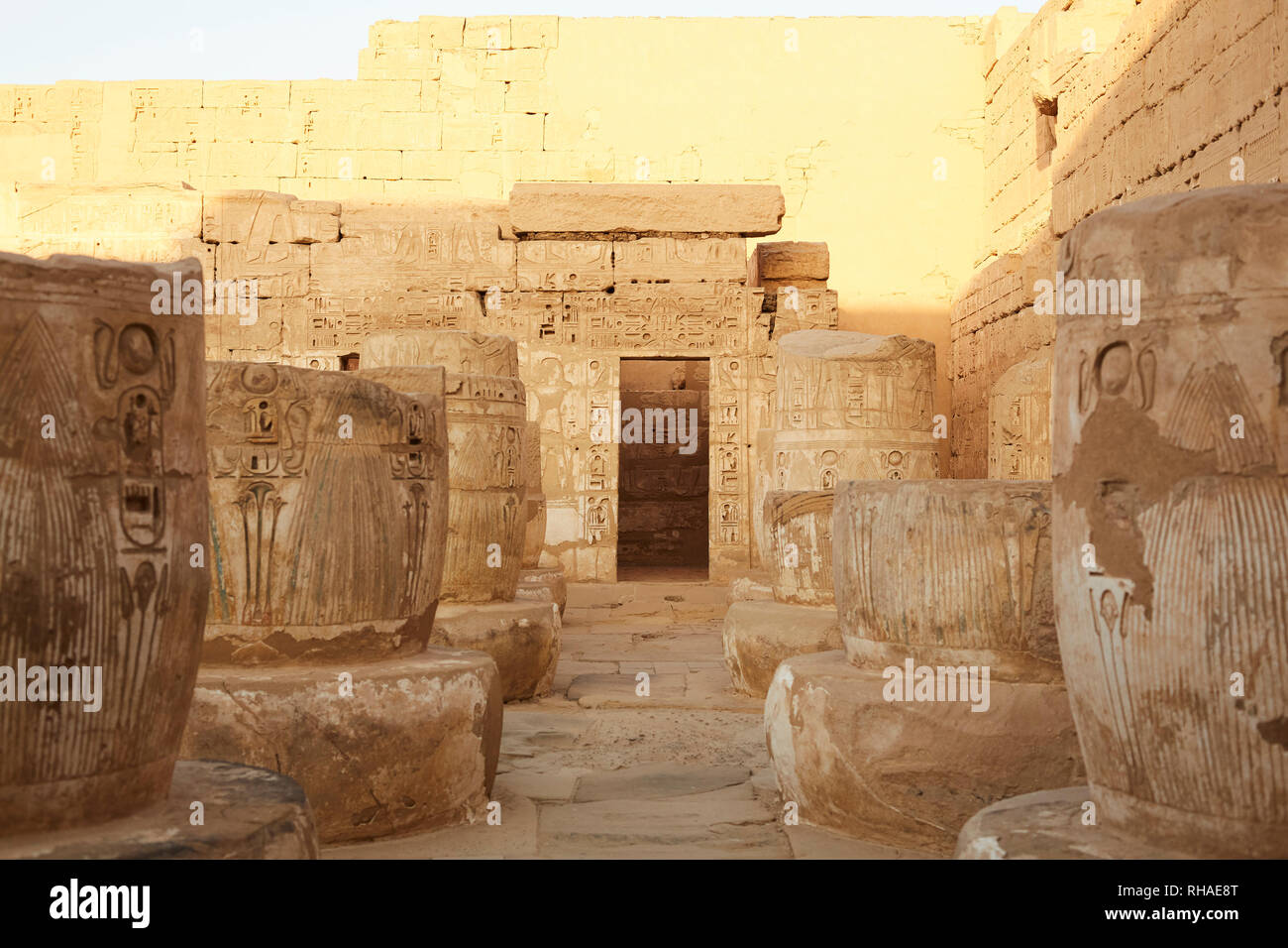 Rilievi, Medinat Habu Tempio di Luxor, Egitto Foto Stock