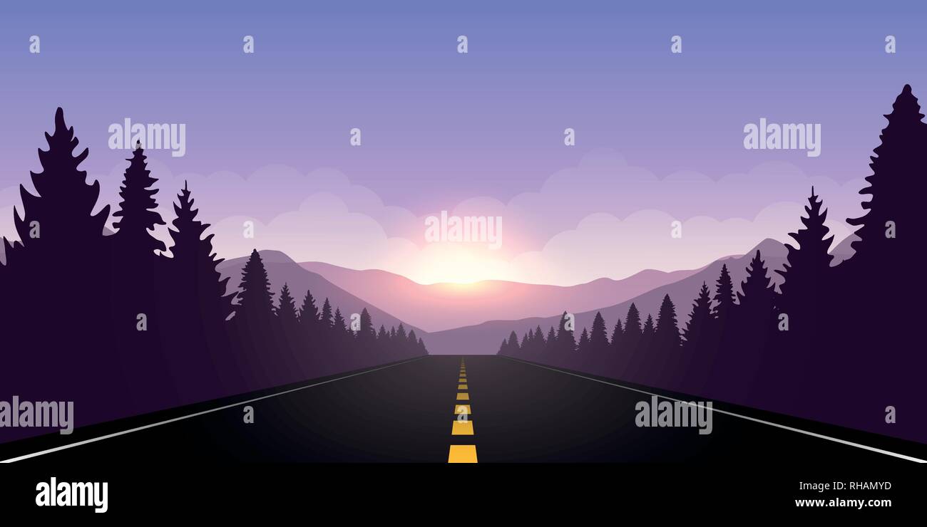 Roadtrip adventure strada diritta e paesaggio forestale di sunrise illustrazione vettoriale EPS10 Illustrazione Vettoriale
