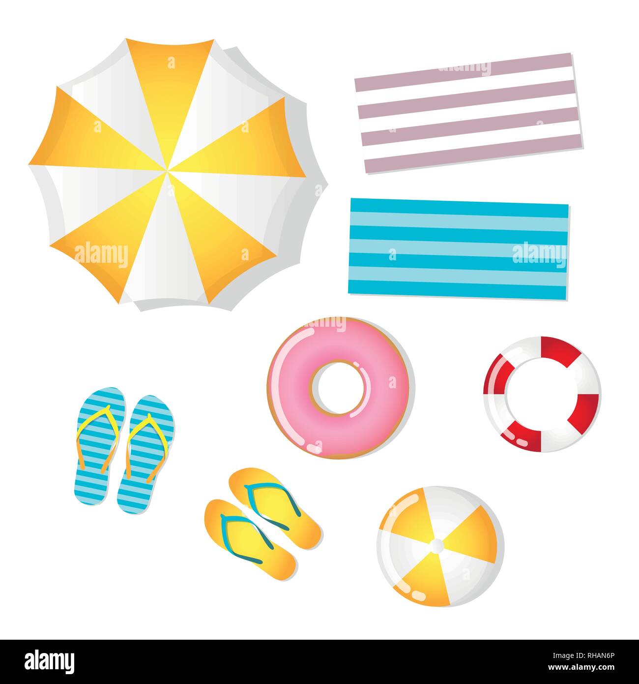 Set di utensili da spiaggia parasol lifebelt flip flop e anello di nuoto su sfondo bianco illustrazione vettoriale EPS10 Illustrazione Vettoriale