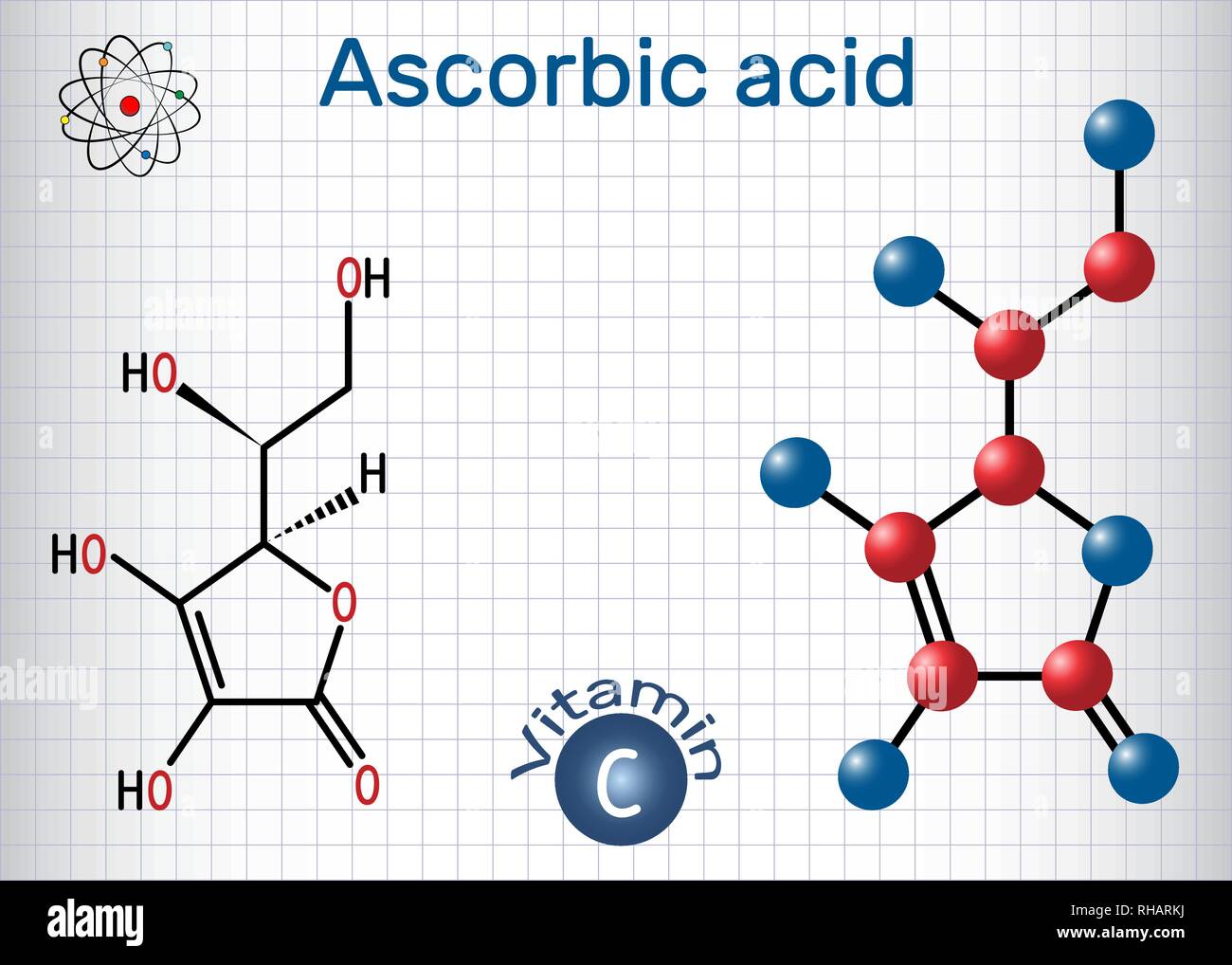 Acido ascorbico (vitamina C). Formula chimica di struttura e la molecola modello. Foglio di carta in una gabbia. Illustrazione Vettoriale Illustrazione Vettoriale