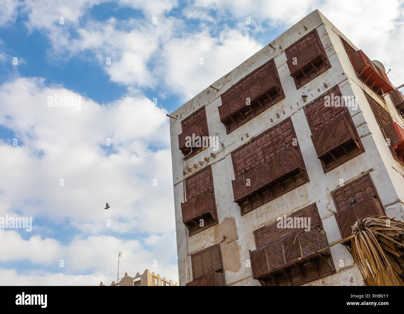Vecchia casa in legno mashrabiya di al-Balad trimestre, Mecca provincia, Jeddah, Arabia Saudita Foto Stock