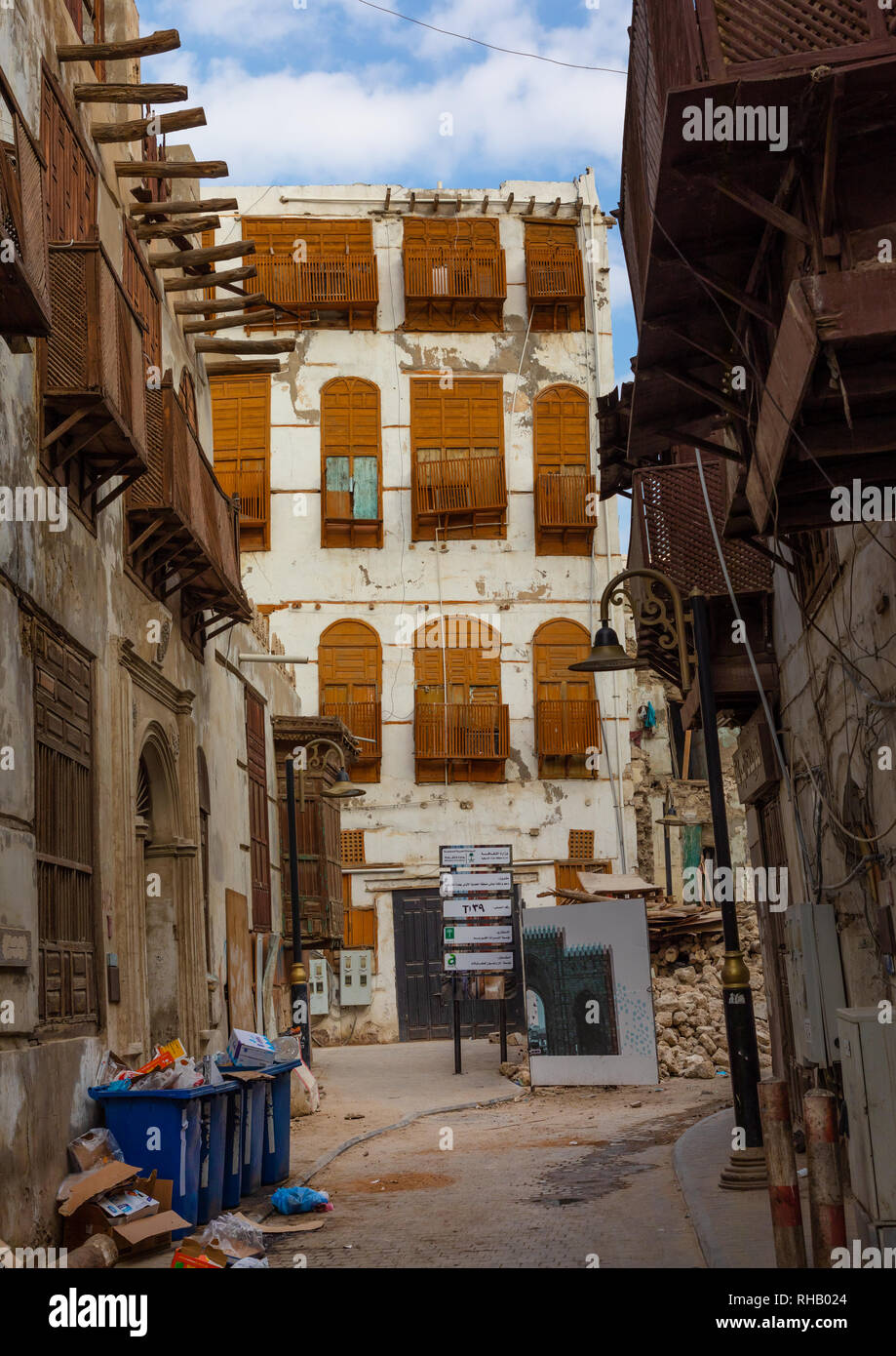 Le vecchie case in legno mashrabiyas di al-Balad trimestre, Mecca provincia, Jeddah, Arabia Saudita Foto Stock