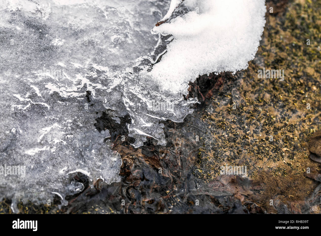 Fondere la neve vicino a sporca di asfalto e di pozzanghere, la molla si sta avvicinando Foto Stock