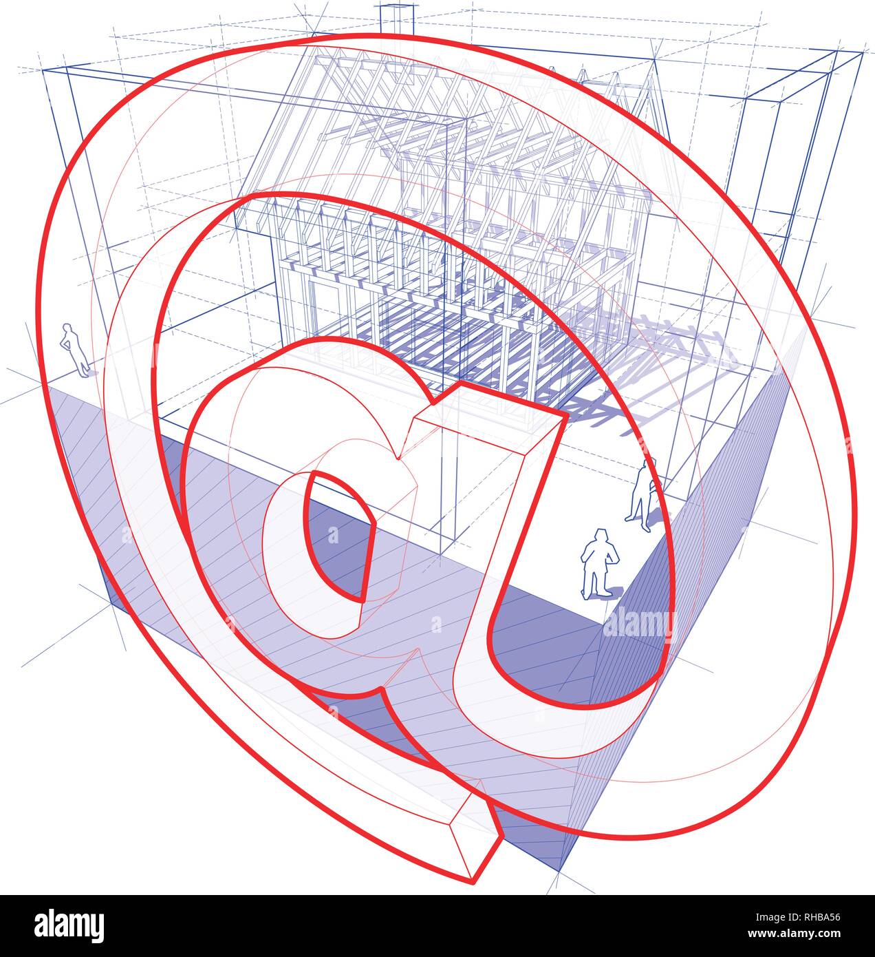 3d illustrazione del diagramma di un quadro la costruzione di una casa unifamiliare con 3D le dimensioni e la posta elettronica o il simbolo grafico Illustrazione Vettoriale